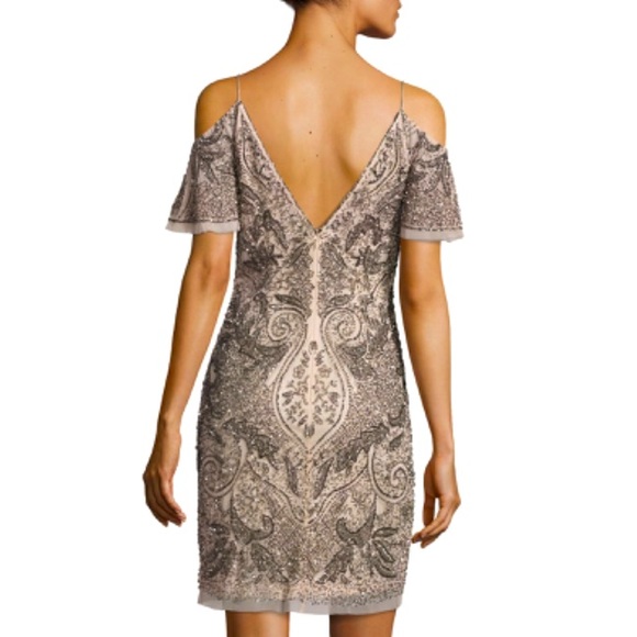 Aidan Mattox Champagne Sequined Beaded Cold Shoulder Formal Party Mini Dress - Picture 3 of 9